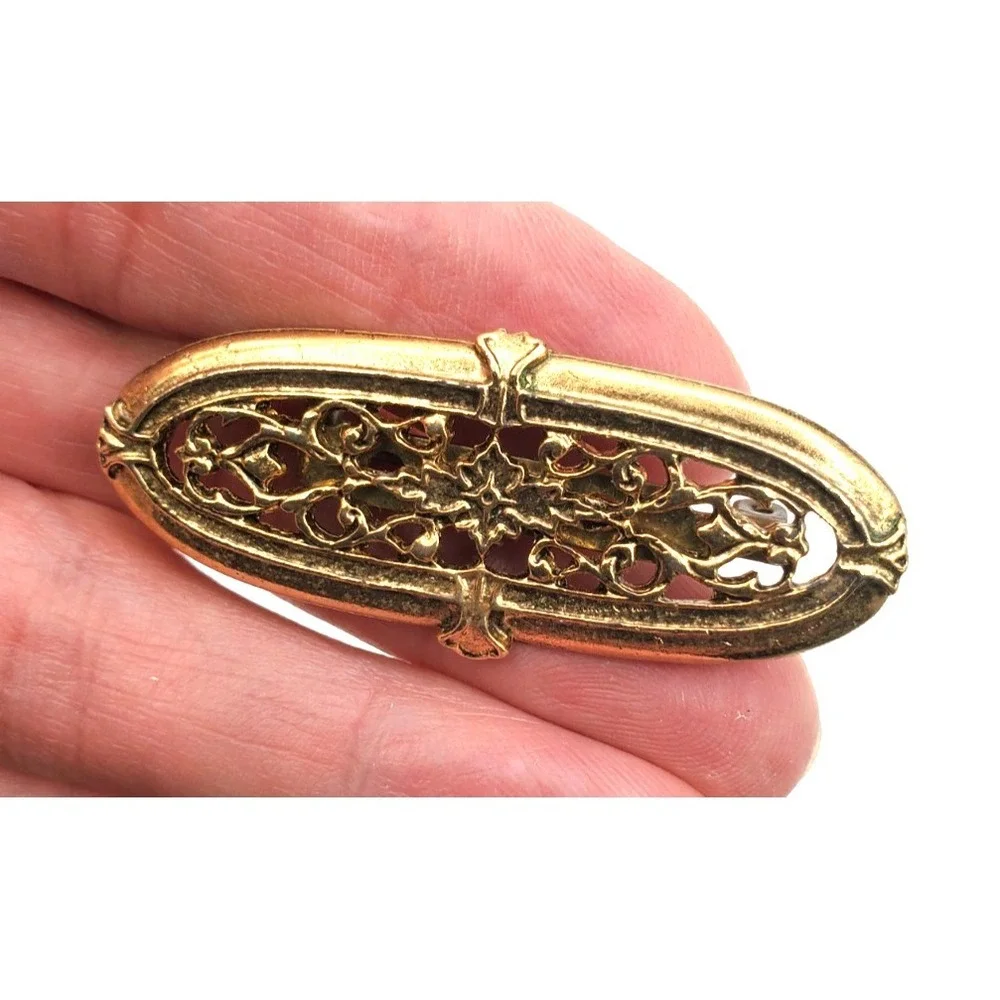 Vintage Gold Tone Openwork Filigree Bar Brooch Oval Scroll Design Pin
